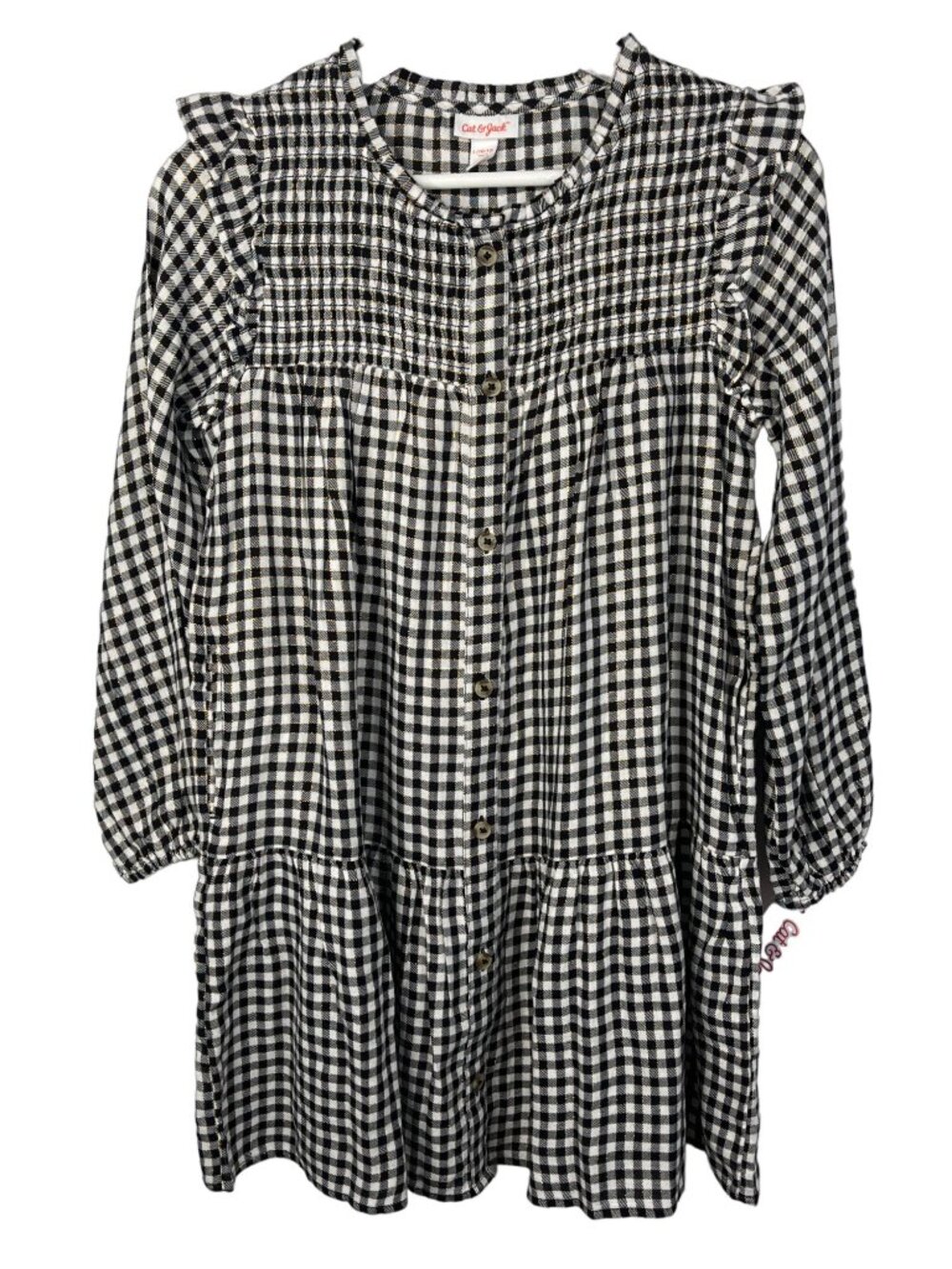 Cat & Jack Girls M 7/8 Black Metallic Plaid Peasant Dress Long Sleeve Fall